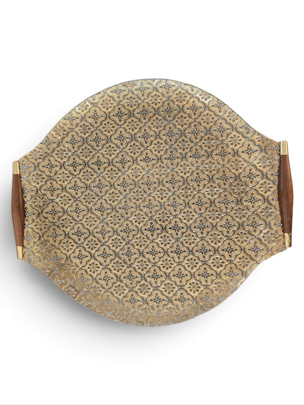 Georges Briard Embossed Gold Iberia Wood Handled Cocktail Serving Tray